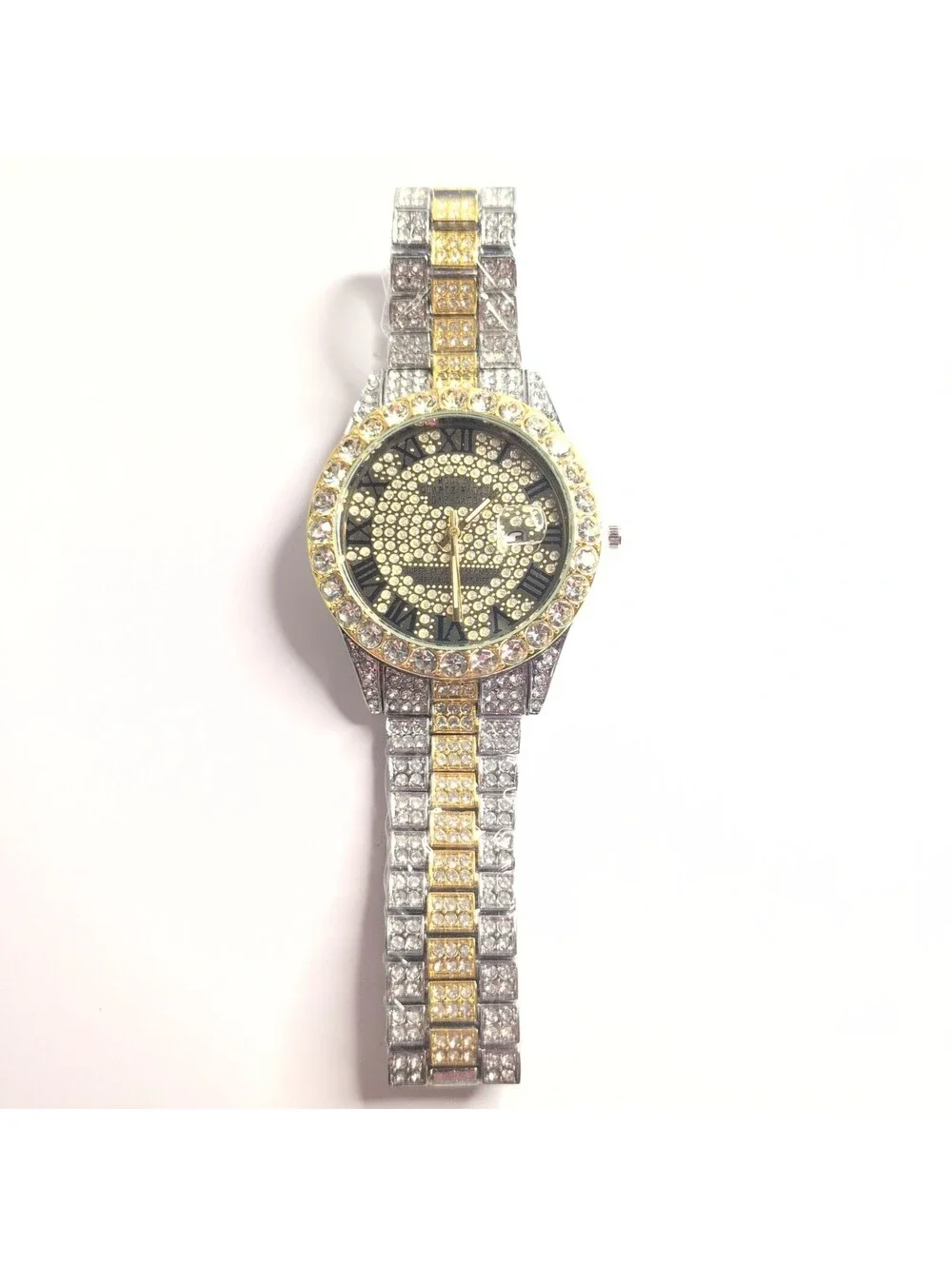 Men's Watch 42mm Iced Out -Silver/gold Shine– Moissanite Simulated – Numerals